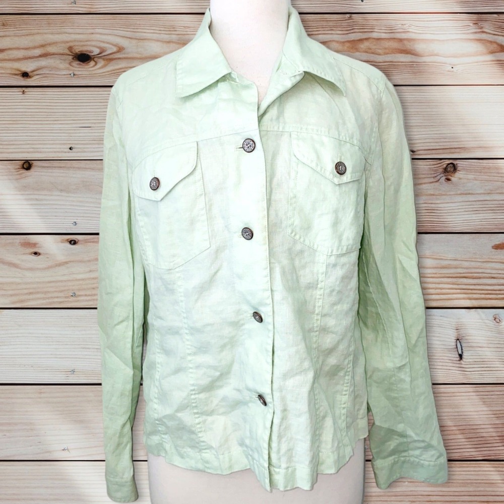W2 Sigrid Olsen Linen Jacket top mintโ green flowers large button up Blouse